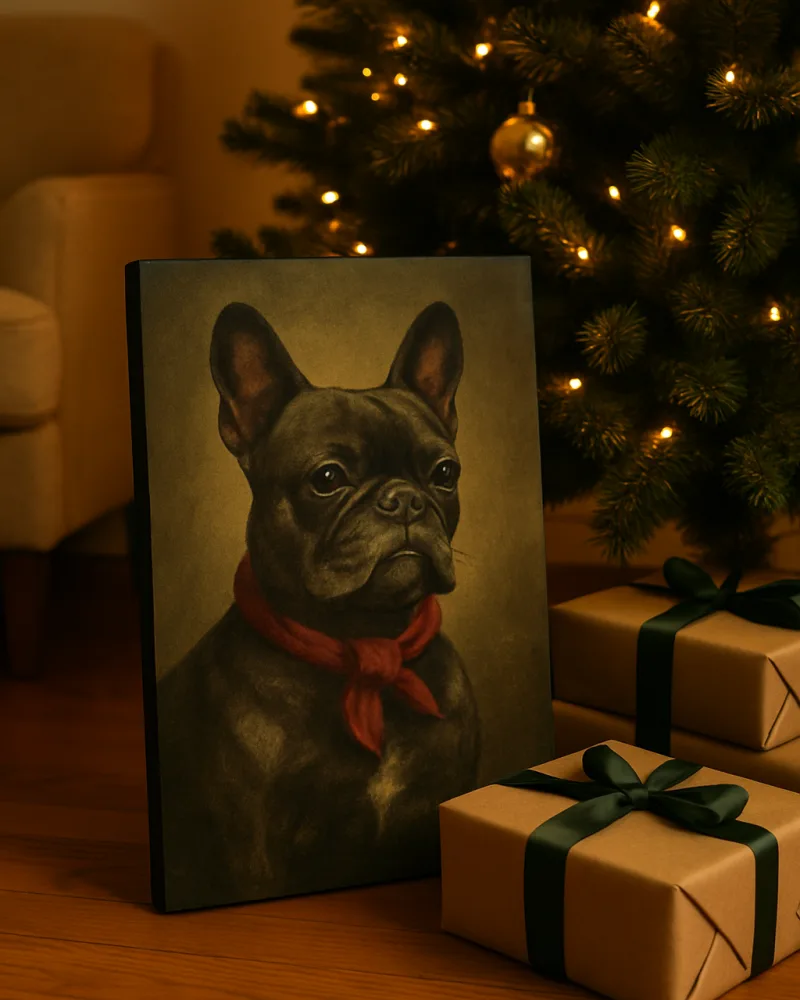 Retrato de un bulldog francés junto al árbol de Navidad, regalo Djhones