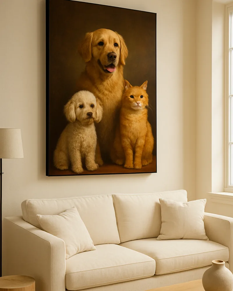 Retrato de un perro golden, un poodle y un gato juntos en un retablo Djhones